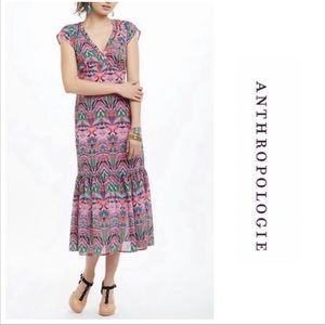 Anthropologie Vanessa Virginia Mural Maxi dress size 2P. Pink purple green print
